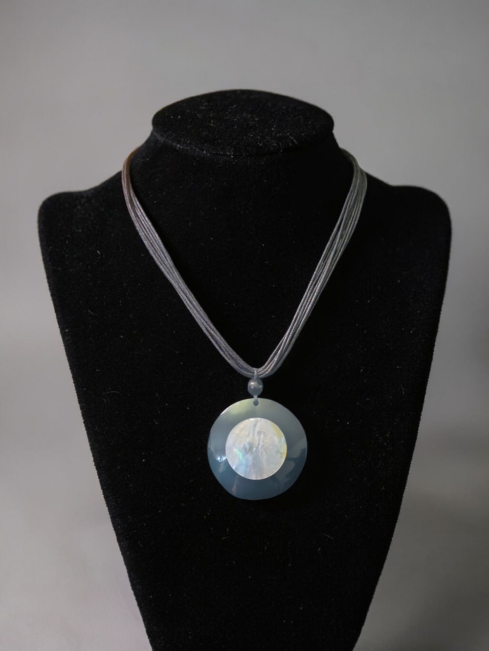 Black Multi-Strand Cord Necklace Resin Pendant Opalite Center Statement 16”